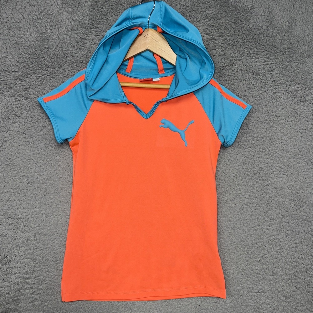 Puma‎ Hoodie Shirt Youth Sz 7/8 Orange/Teal Short Sleeve Activewear Pullover Tee